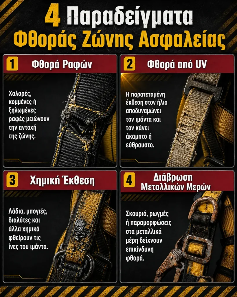 Παραδείγματα φθοράς ζώνης ασφαλείας Παραδείγματα φθοράς ζώνης ασφαλείας από ραφές, UV, χημική έκθεση και διάβρωση