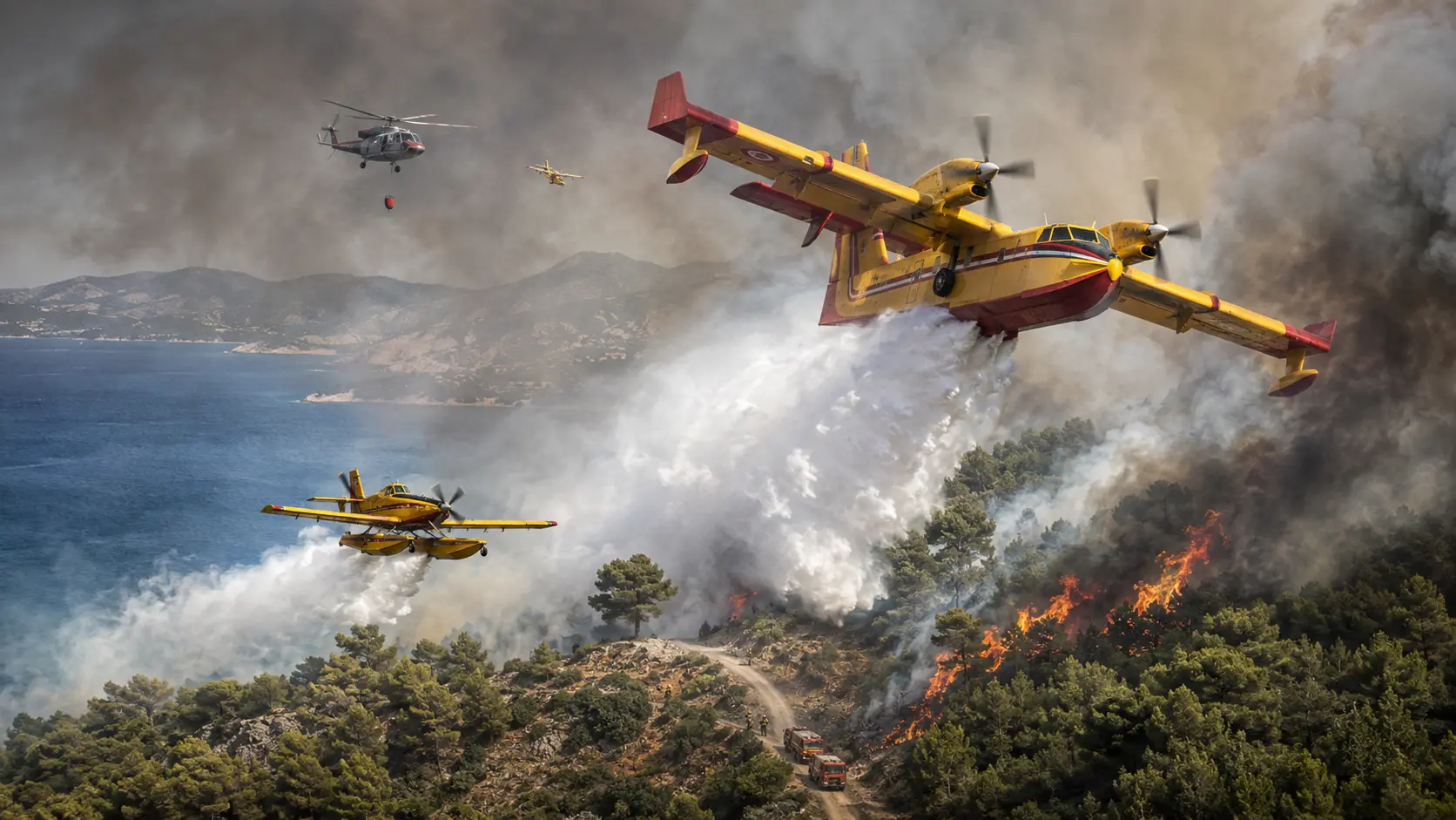 Εναέρια μέσα αεροπυρόσβεσης σε δασική πυρκαγιά Εναέρια μέσα αεροπυρόσβεσης σε επιχείρηση κατάσβεσης δασικής πυρκαγιάς