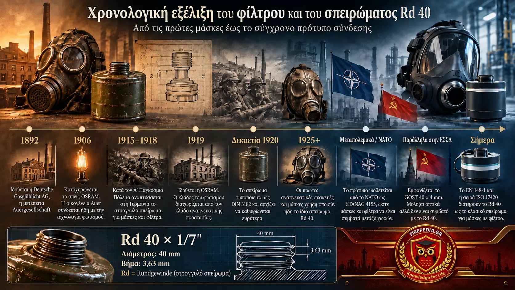 Infographic, η ιστορία και η εξέλιξη του σπειρώματος φίλτρων Rd 40 Χρονολογική εξέλιξη του σπειρώματος Rd 40, από τις πρώτες μάσκες προστασίας έως τα σύγχρονα φίλτρα και τα πρότυπα EN 148-1 και STANAG 4155